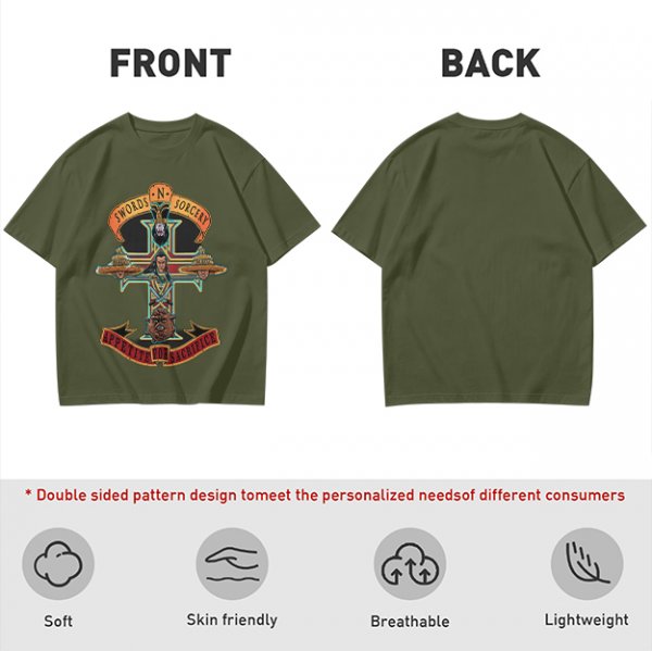 Olive graphic t-shirt with swords n sorcery appetite for sacrifice cross design