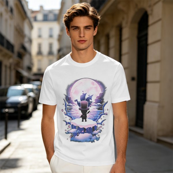 Olive T-Shirt With Moonlit Pirate Ship And Silhouette Figure Print