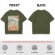 Olive t-shirt with ukiyo-e style ramen cat and Mount Fuji print