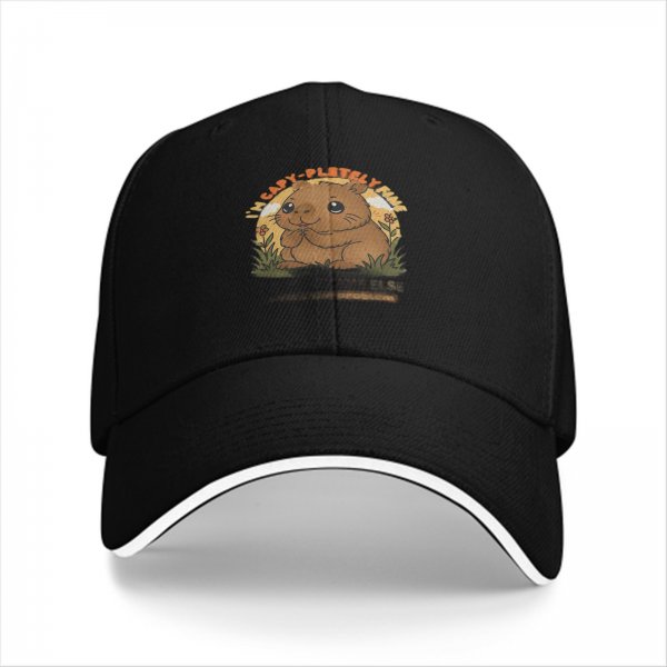 Black baseball cap with cute capybara graphic and playful text