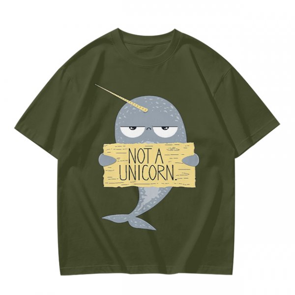 Olive T-Shirt With Grumpy Narwhal Holding Not A Unicorn Sign