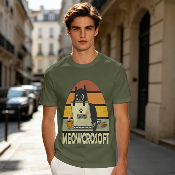 Olive t-shirt with black cat using laptop and Meowcrosoft text