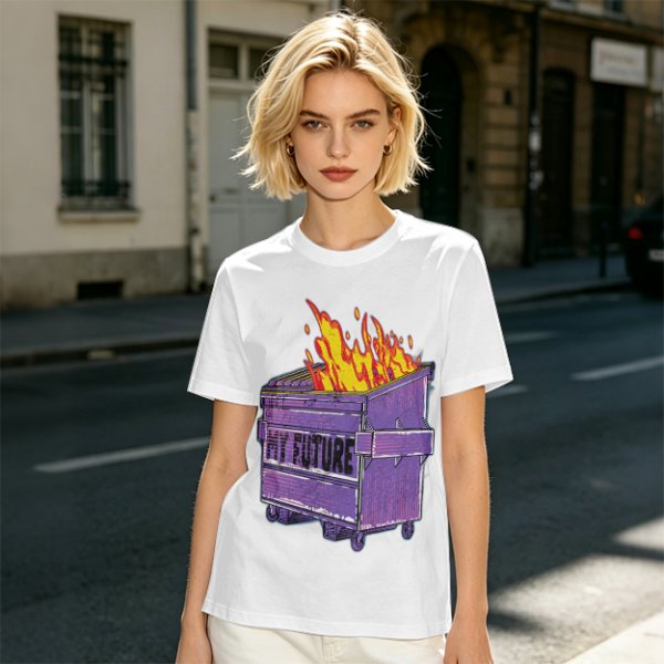 Olive T-Shirt With Burning Dumpster 'My Future' Graphic