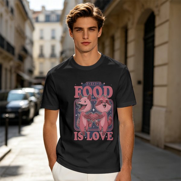 Olive graphic t-shirt with food is love and cartoon animal design