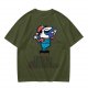 Olive T-shirt with Cartoon Character Holding Mushrooms Print