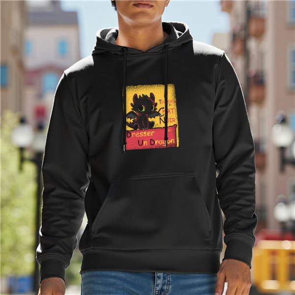 Black hoodie with cute dragon graphic and French text print