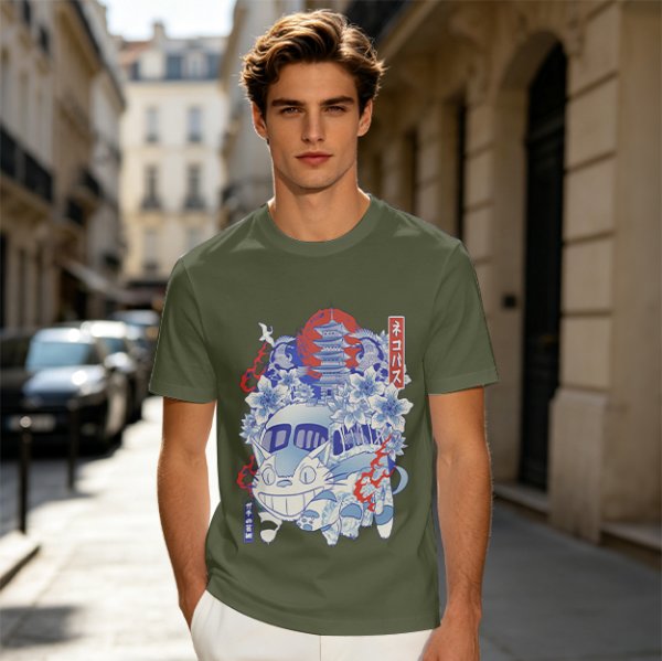 Olive green t-shirt with cat bus and Japanese traditional art print