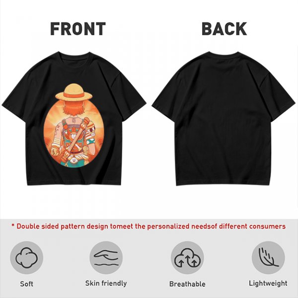 Olive T-Shirt Featuring Anime Character With Straw Hat Back View
