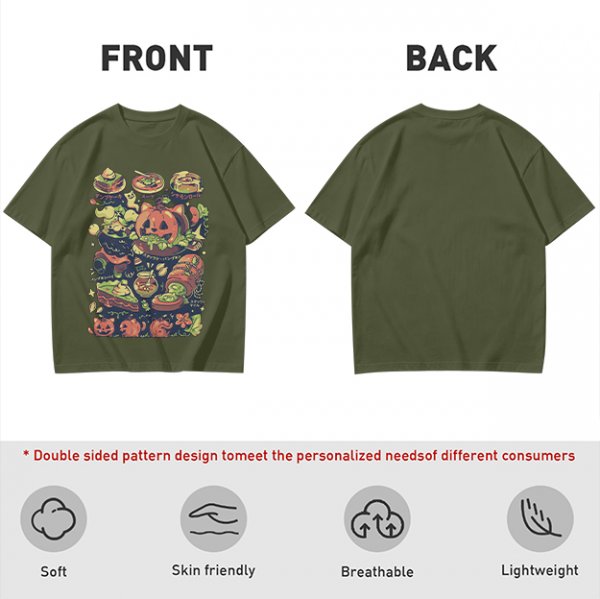 Olive T-Shirt With Halloween Themed Food And Pumpkin Cat Print