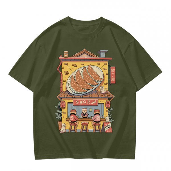 Olive T-Shirt With Cat Gyoza Restaurant Illustration