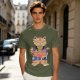 Olive T-Shirt Featuring a Cat in a Headband Eating Ramen
