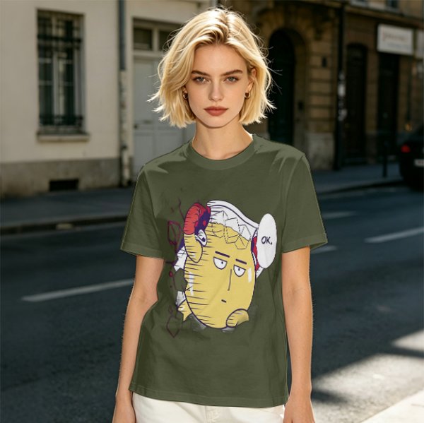 Oversized Olive T-Shirt with Saitama 'OK' Anime Graphic Print