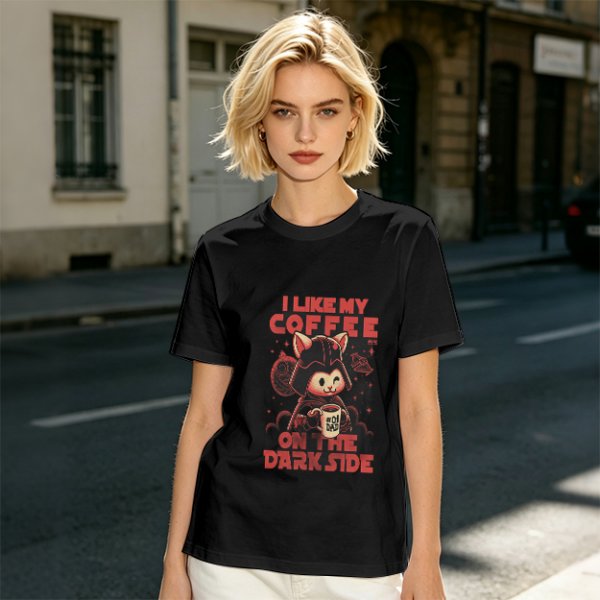 Olive T-Shirt with Cat Darth Vader 'I Like My Coffee On The Dark Side' Print