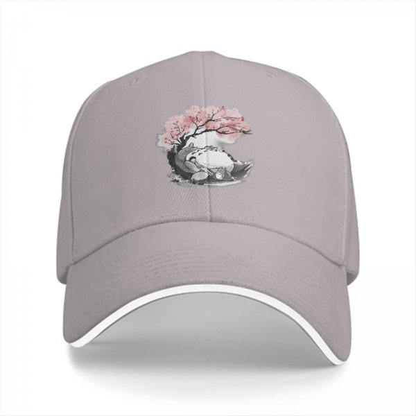 Black Baseball Cap with Cherry Blossom Tree and Whimsical Creature Print