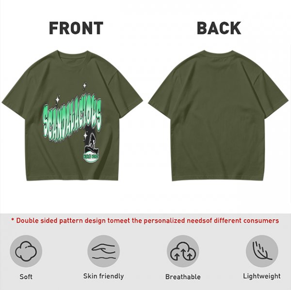 Olive green graphic t-shirt with 'Scandalacious' print and witch hat design