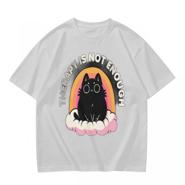 Olive graphic tee with black cat, rainbow, and 'Therapy Is Not Enough' text