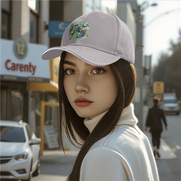 Black baseball cap with tiny drinks soda and alien graphic print