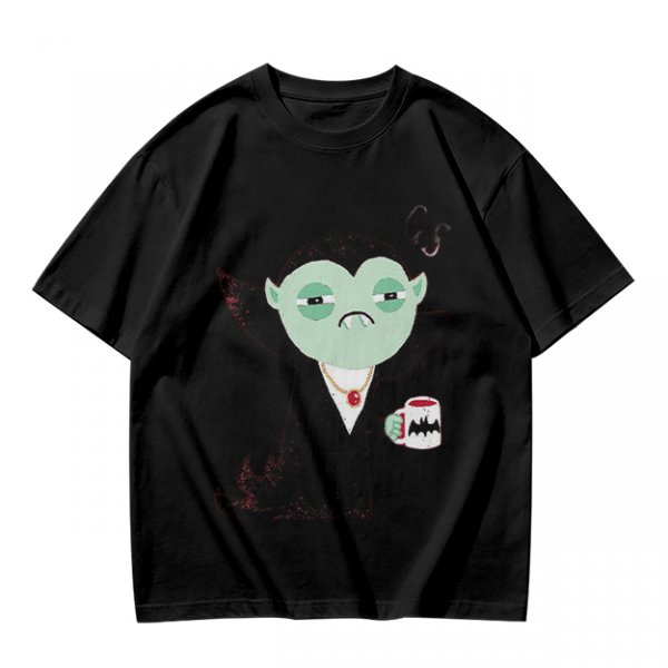 Olive T-Shirt With Tired Vampire Holding Bat Mug Graphic
