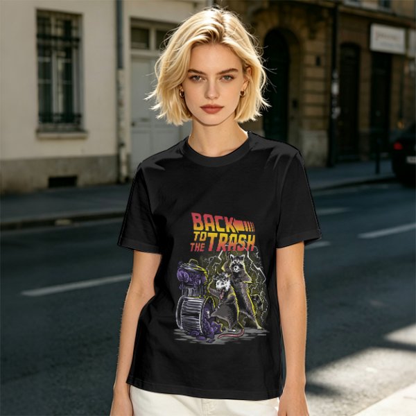 Olive graphic t-shirt with Back to the Trash raccoon design