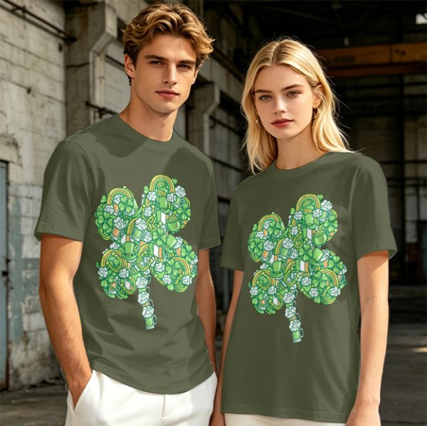 Olive Green T-Shirt With St. Patrick's Day Four-Leaf Clover Art