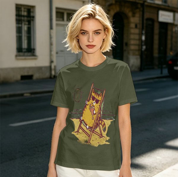 Olive T-Shirt With Cool Cat Lounging On Beach Chair Holding Drink