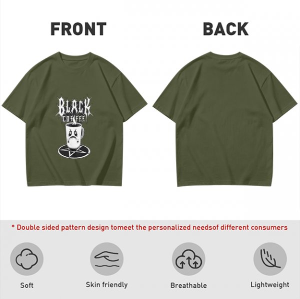 Olive t-shirt with Black Coffee gothic angry cup pentagram print