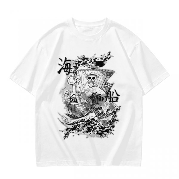 Olive T-shirt with One Piece Going Merry Ship Ink Art Print