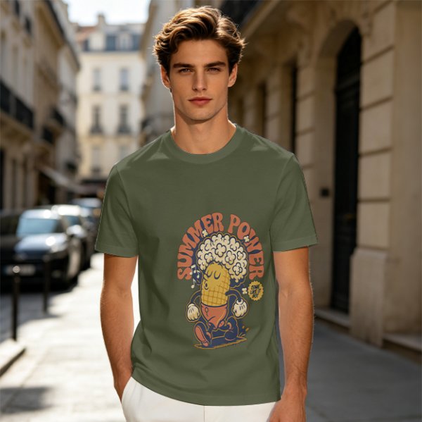 Olive T-Shirt with Retro Summer Power Corn Character Print