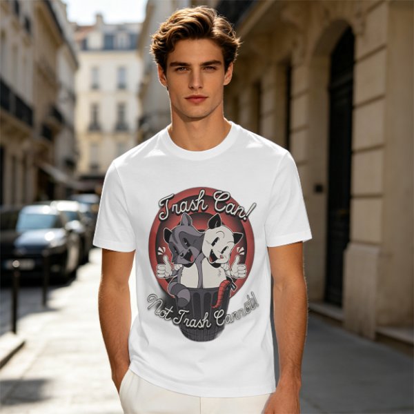 Olive t-shirt with retro cartoon raccoon and dog trash can print