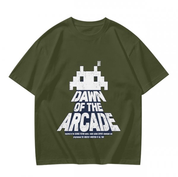 Olive T-Shirt with Retro Arcade Space Invader Graphic and Dawn of the Arcade Text