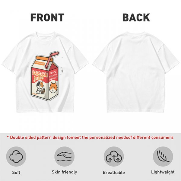 Olive green t-shirt with sarcasm juice carton and grumpy cat print