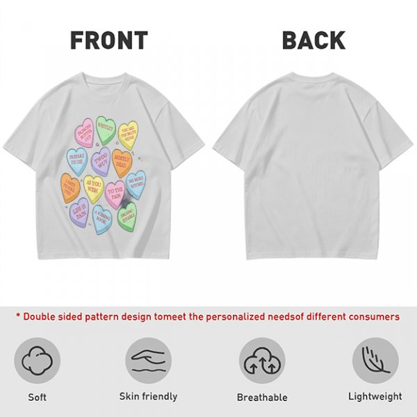 Olive T-shirt with Princess Bride themed conversation heart candies