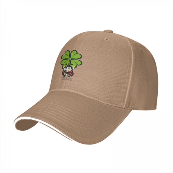 Black baseball cap with ladybug and four-leaf clover graphic
