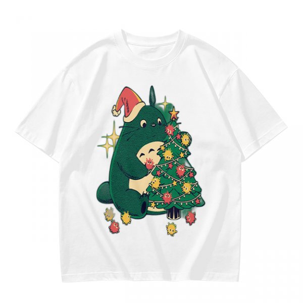 Olive Green T-Shirt With Christmas Totoro Decorating Tree Print