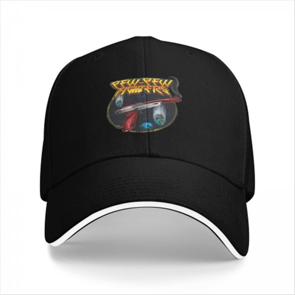 Black baseball cap with Pew Pew Fighters space gun graphic