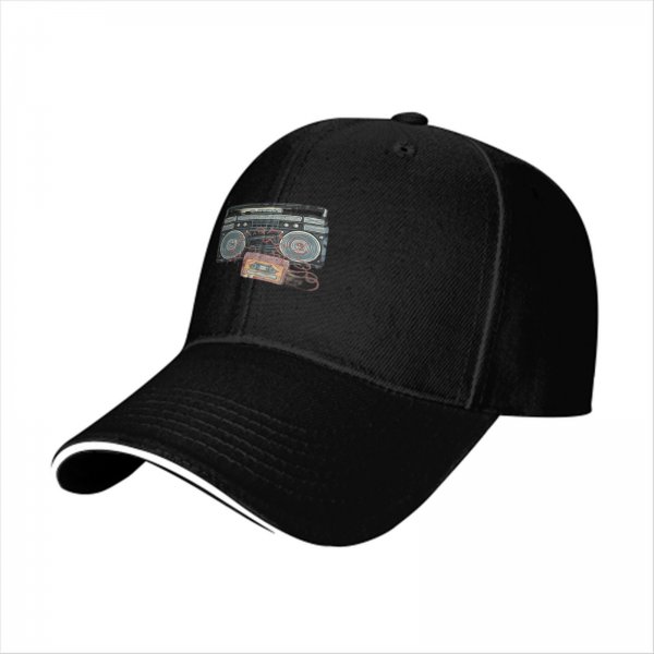 Black Baseball Cap with Retro Boombox and Cassette Print