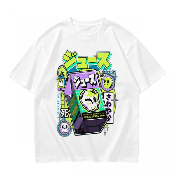 Olive T-shirt with spooky juice box graphic and playful skull art