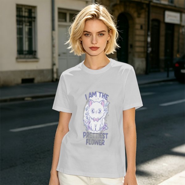 Olive T-Shirt With Cute White Cat 'I Am The Prettiest Flower' Print
