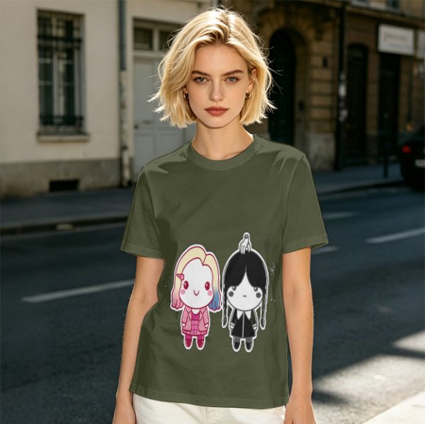 Olive T-Shirt with Chibi Wednesday Addams and Enid Sinclair Print