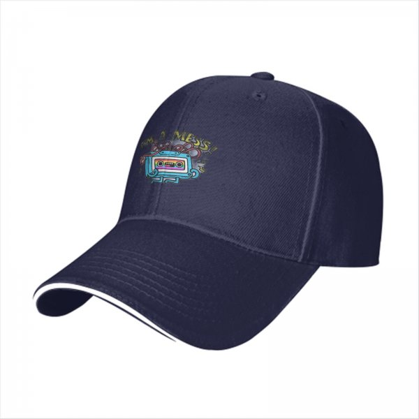 Black baseball cap with retro cassette tape 'I'm a Mess' graphic