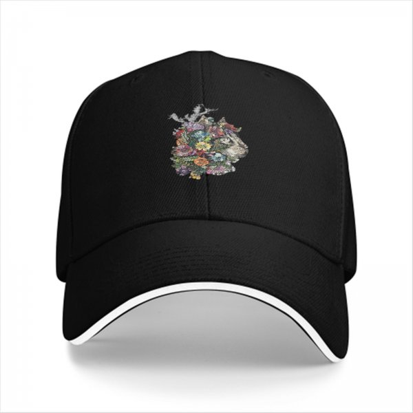 Black Baseball Cap With Floral Wolf Head Artwork Design