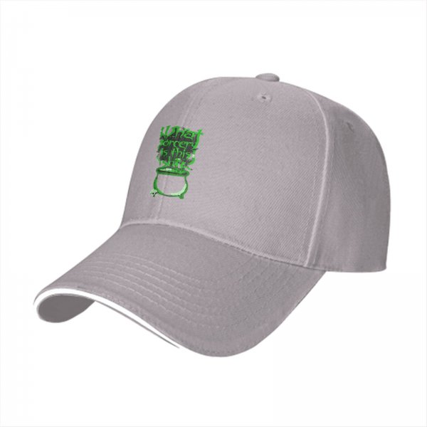 Black baseball cap with green 'What sorcery is this' cauldron graphic