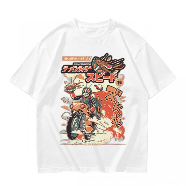 Olive green graphic tee with retro masked rider ramen motorcycle art