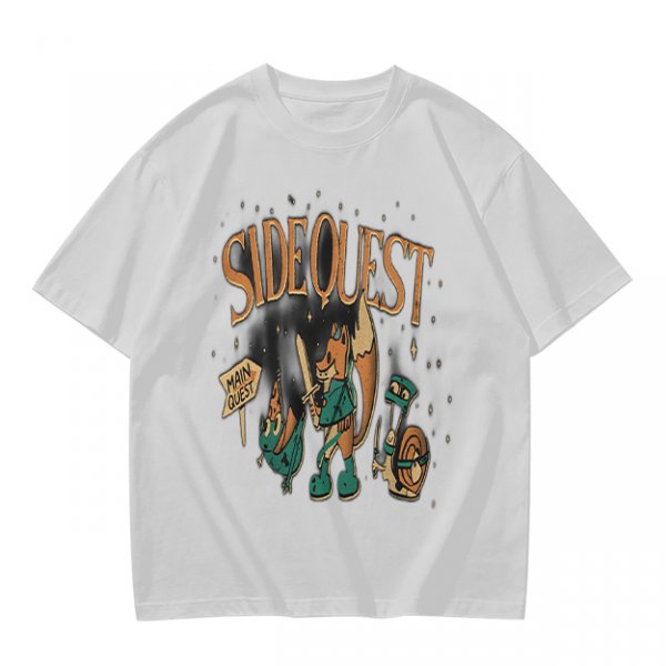 Olive t-shirt with Side Quest fantasy adventure graphic print