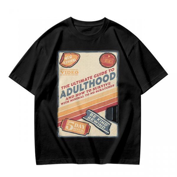 Olive t-shirt with retro guide to adulthood VHS-style print