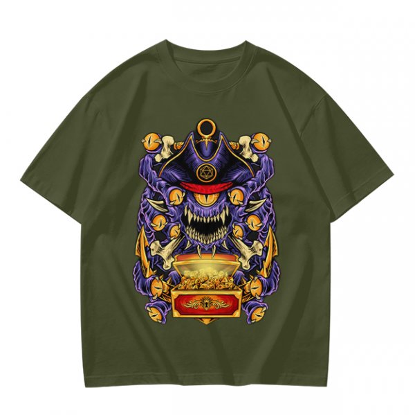 Olive T-Shirt With Pirate Beholder Monster And Treasure Chest Art