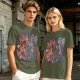 Olive T-shirt with 80s cartoon character crossover graphic