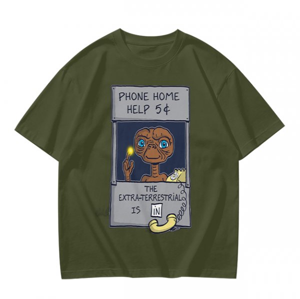 Olive green t-shirt with E.T. phone home graphic print