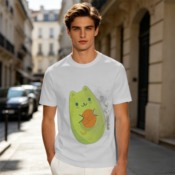 Olive Green T-Shirt With Cute Avocado Cat Holding Yarn Ball Print