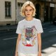 Olive green graphic t-shirt with a cartoon metal cat playing guitar